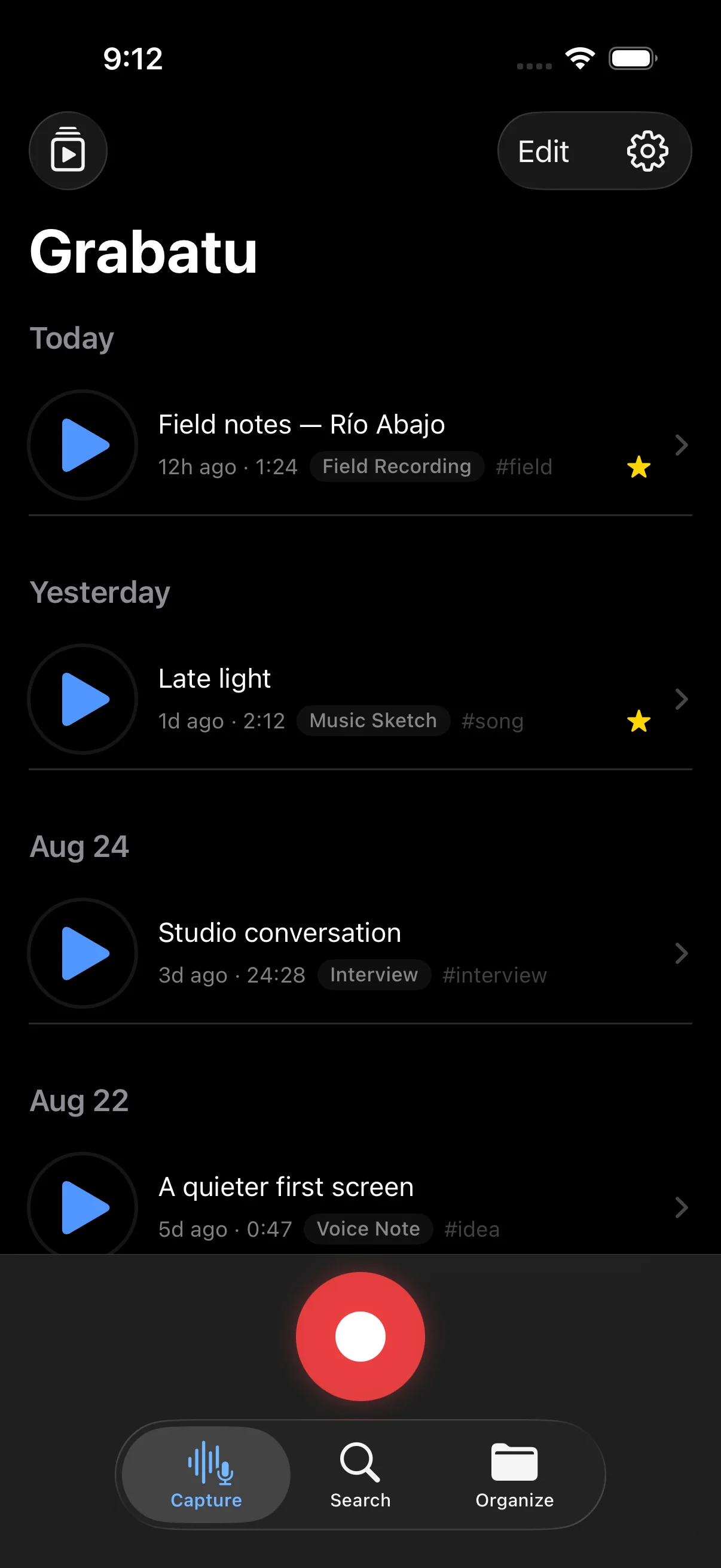 Grabatu library in dark mode, with voice notes, a field recording, an interview, and a music sketch