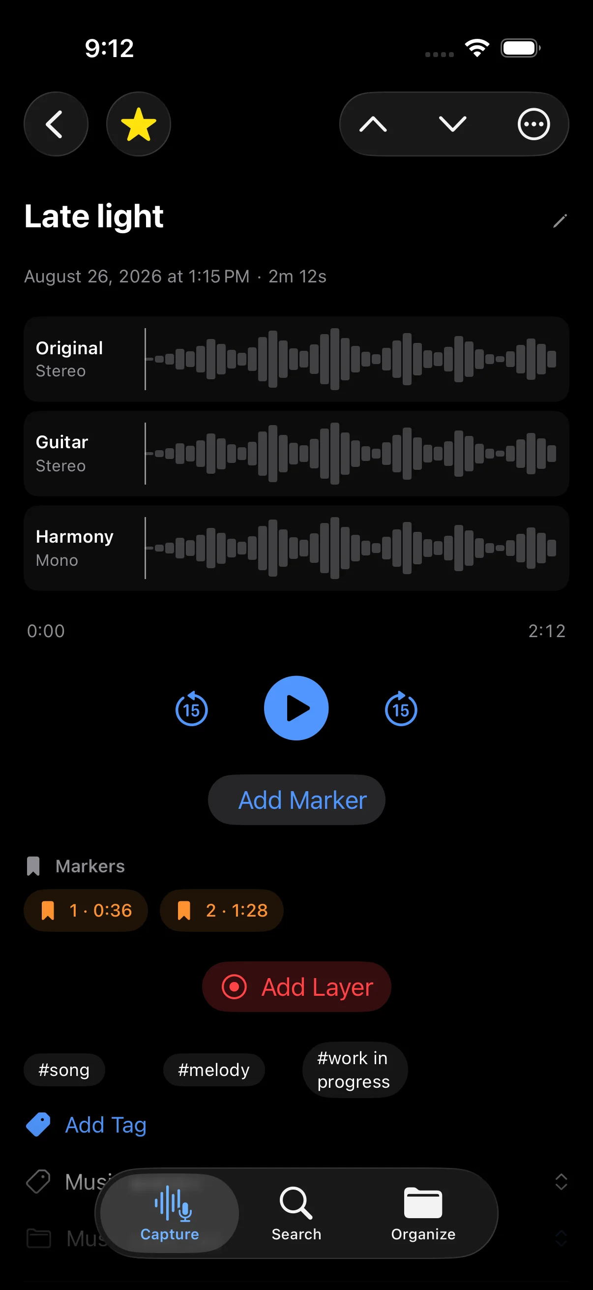 A layered music sketch in Grabatu, shown in dark mode