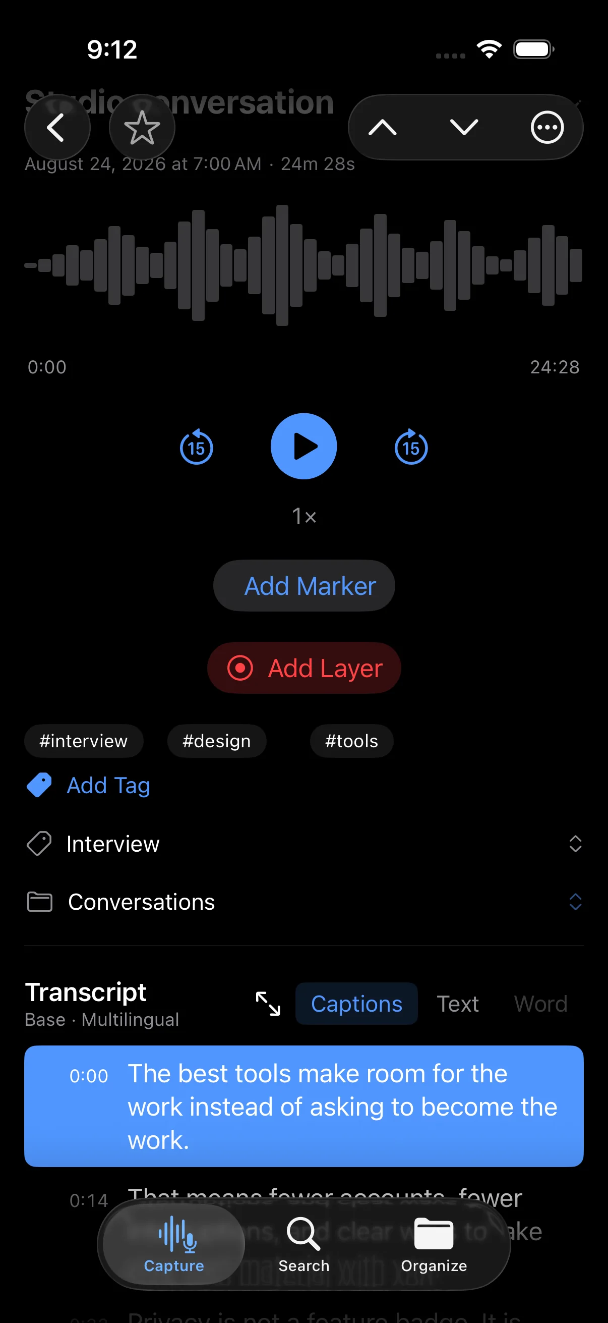 An on-device transcript in Grabatu, shown in dark mode
