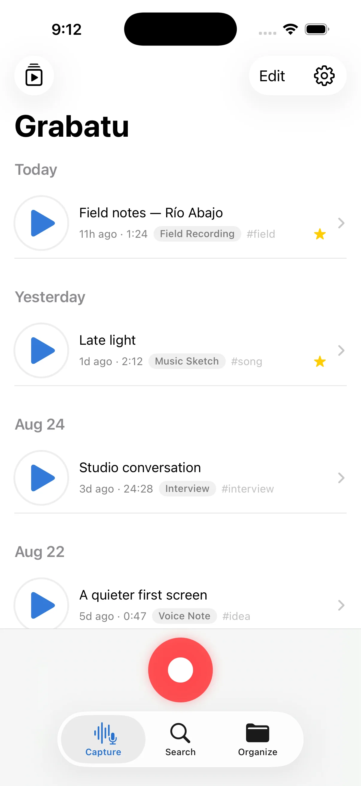 Grabatu library in light mode, with voice notes, a field recording, an interview, and a music sketch