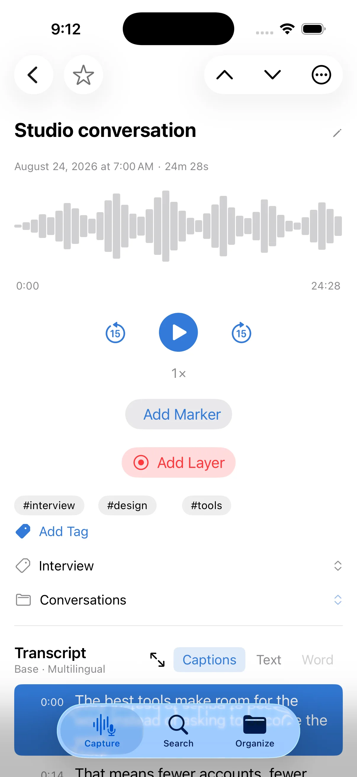 An on-device transcript in Grabatu, shown in light mode