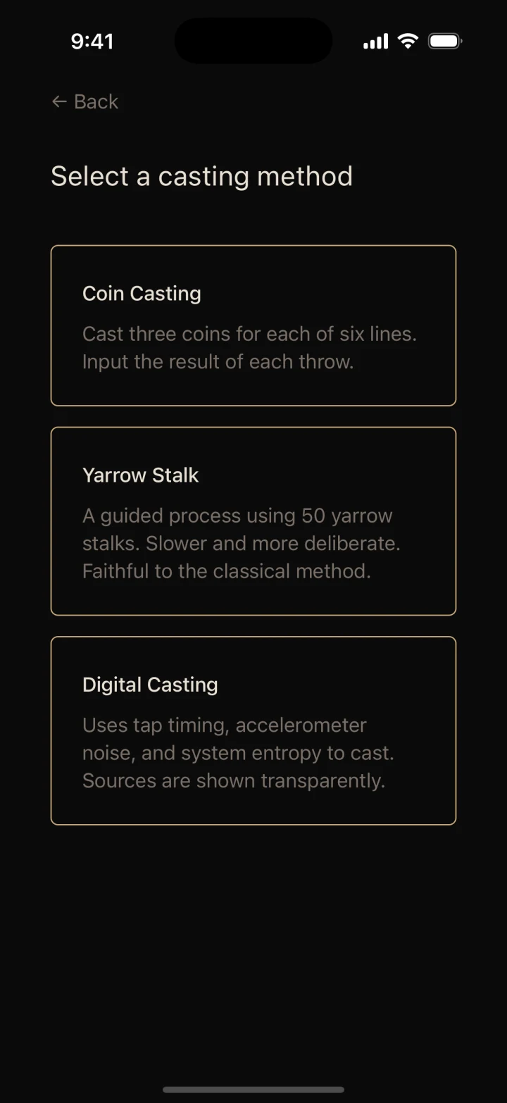 Mutatio offering coin, yarrow stalk, and digital casting methods