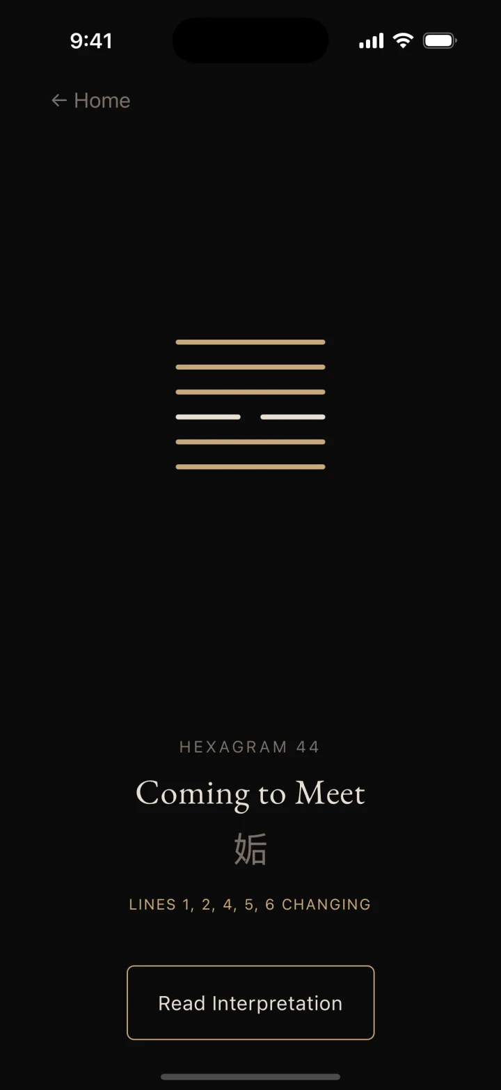 Mutatio revealing hexagram 44, Coming to Meet, with changing lines